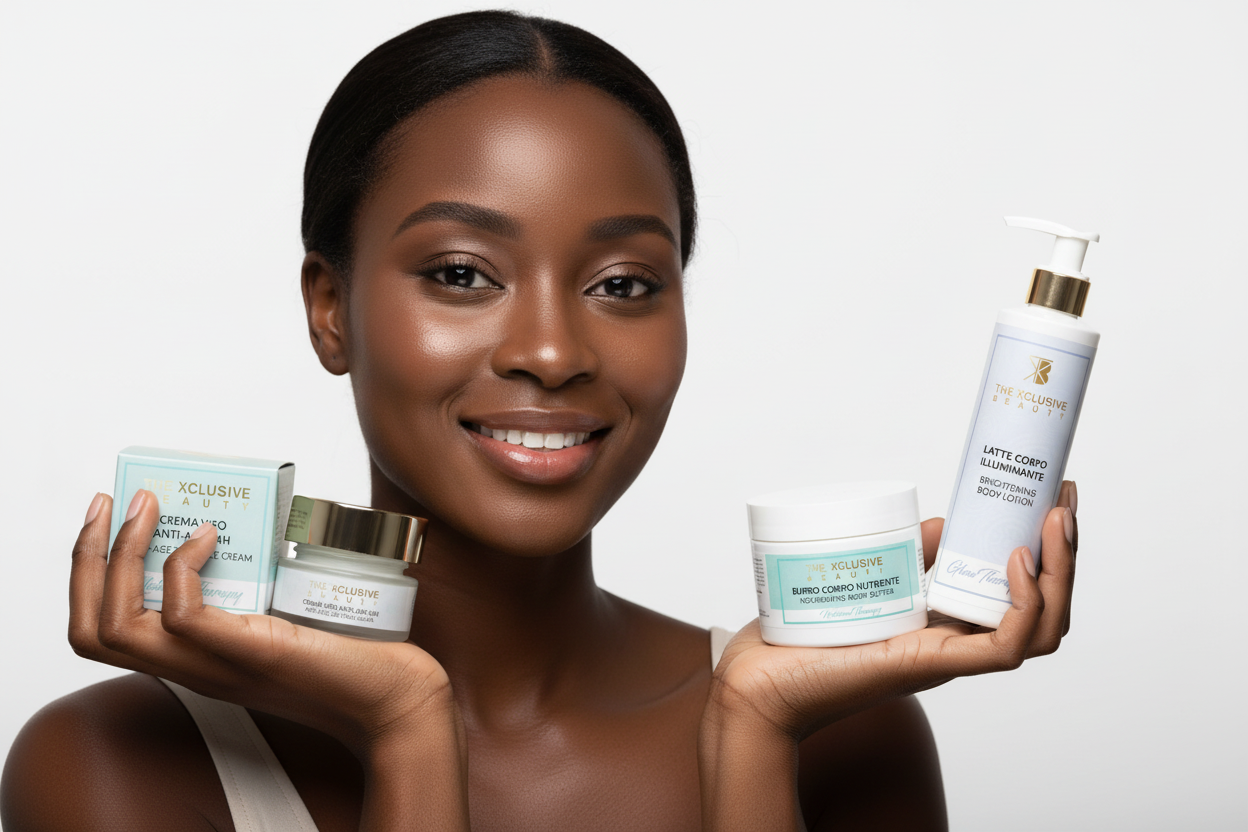 con i prodotti di the Xclusive beauty almeno due prodotti tenuti in mano da una ragazza nera dal mio sito web